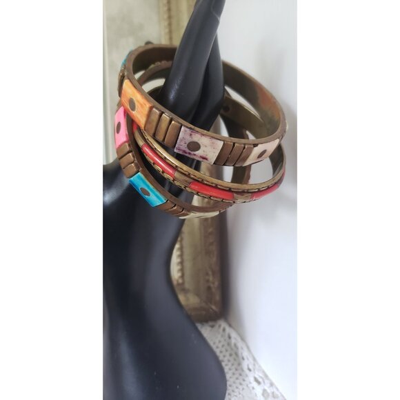 Three Colourful Resin Brass Bangles Vintage Jewelry Accents Colourful - Picture 7 of 10